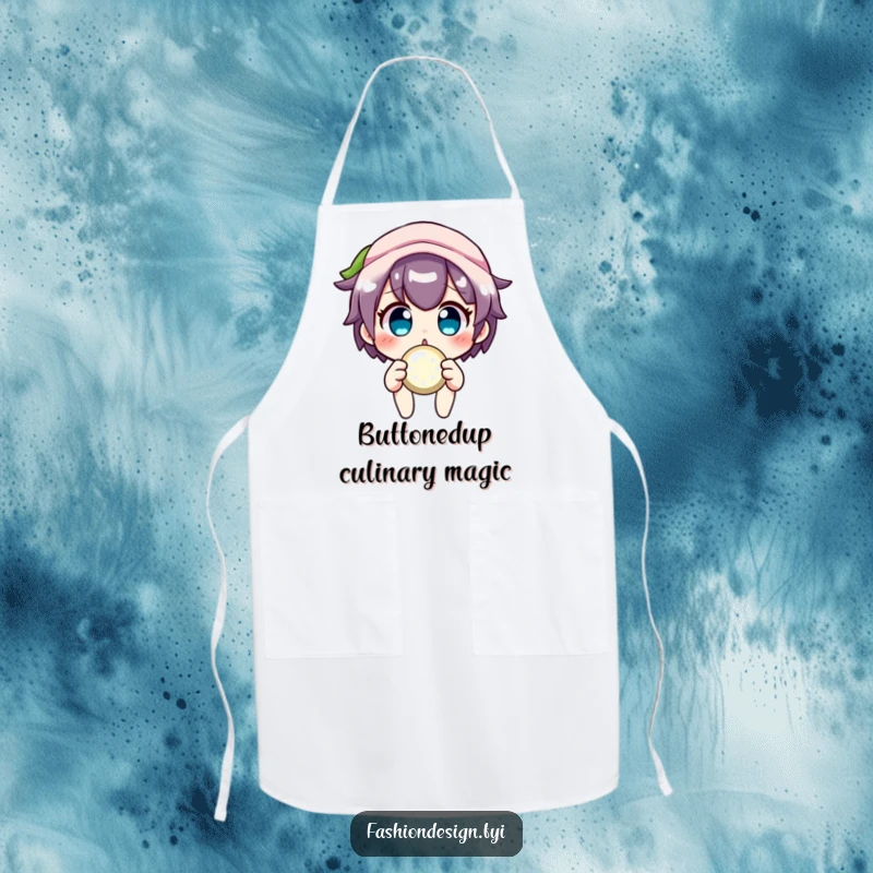 Funny crafter apron with a surprised character holding a sparkly button, perfect for protecting workwear during crafting sessions.