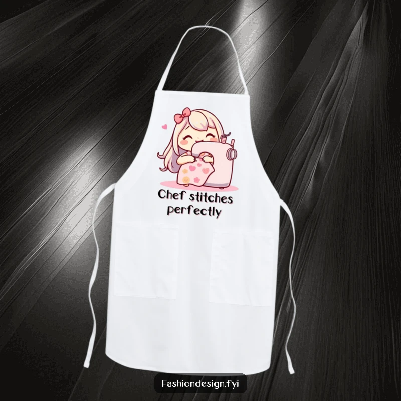 Funny Sewing Machine Apron: Happy character gleefully stitching a playful pattern, perfect for a humorous and creative sewing apron.