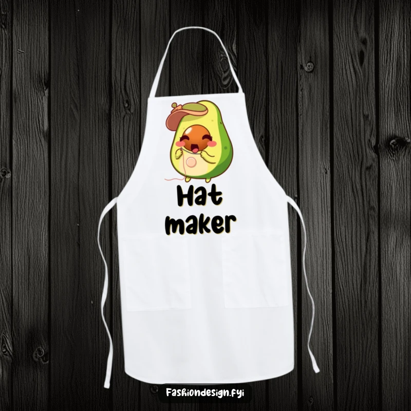 Funny surprised avocado with needle and thread, sewing a button onto a tiny hat, kitchen apron, ideal funny gift.