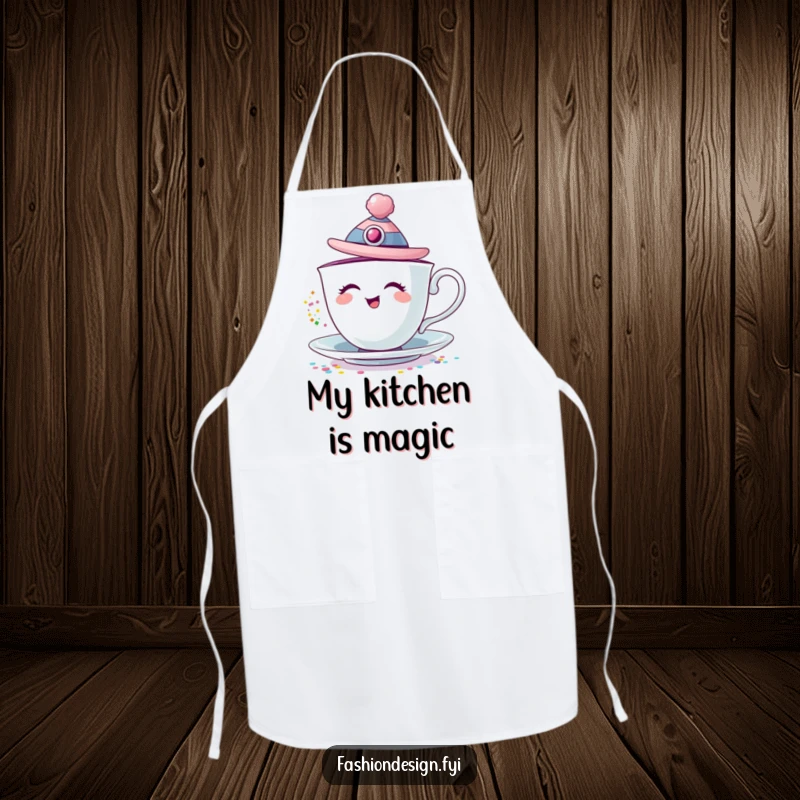 Funny apron with a giggling teacup in a fashion hat, dispensing a shower of colorful glitter.