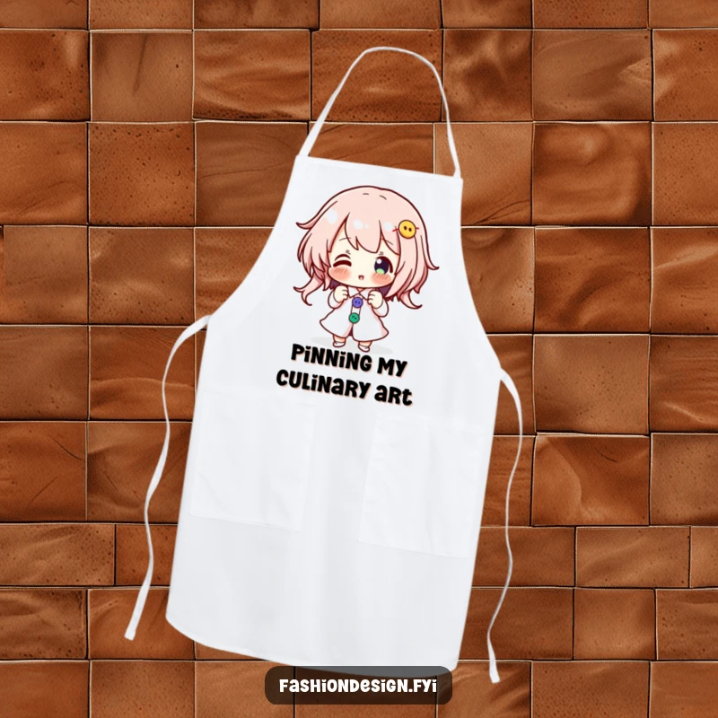 Funny apron of an enthusiastic character pinning colorful buttons onto a design, perfect for messy crafting.