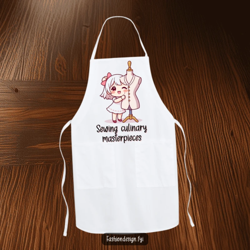 Funny seamstress apron with a character happily pinning fabric to a mannequin, perfect for protecting workwear with a humorous touch.