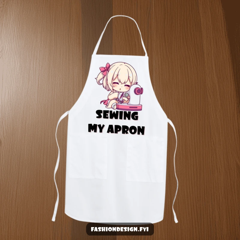 Funny Apron: Dramatic character posing with a sewing machine mid-stitch, perfect for sewing sessions and kitchen fun.