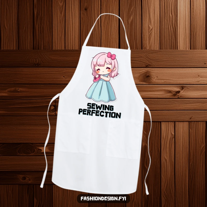 Funny apron depicting a happy character sewing a tiny, smiling shoe onto a vibrant dress form, perfect for stylish and humorous crafting.
