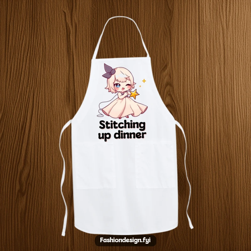 Funny Seamstress Apron: A mischievous character uses a large needle to stitch a tiny winking star onto a flowing gown, a humorous funny gift.