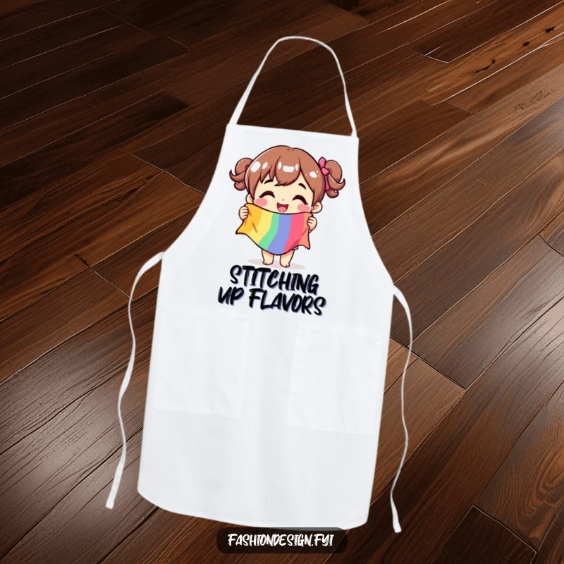 Funny apron of a character holding a fabric swatch, ideal for sewers to wear while working on projects.