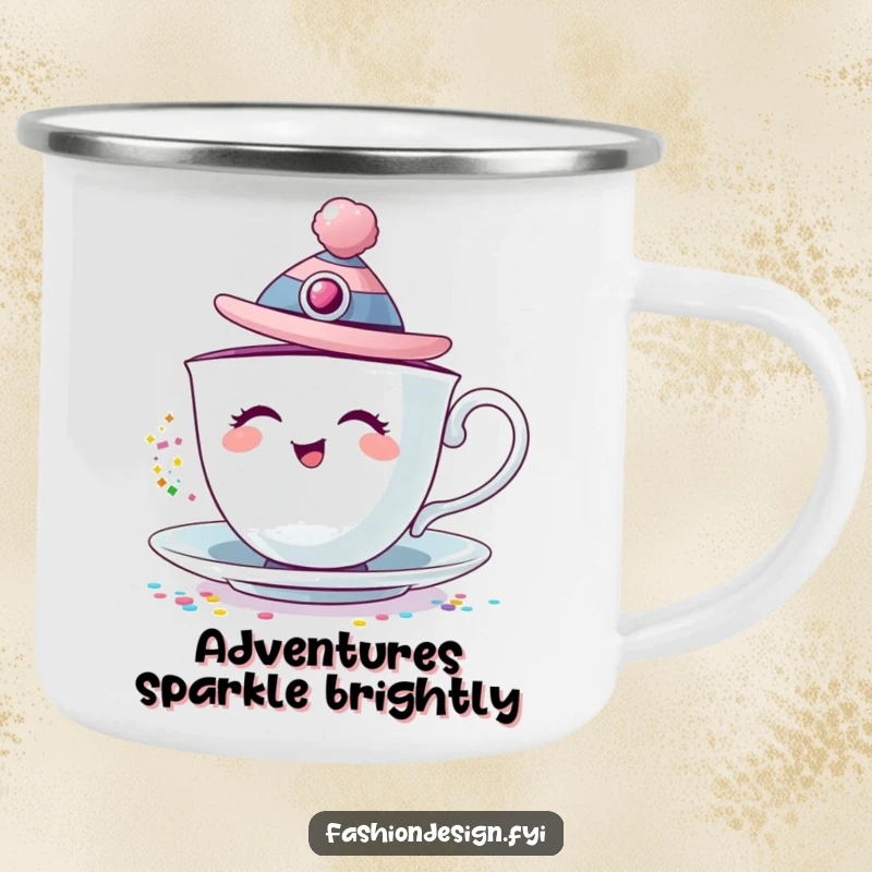 Funny camping mug with a giggling teacup, fashion hat, and a playful pour of colorful glitter.