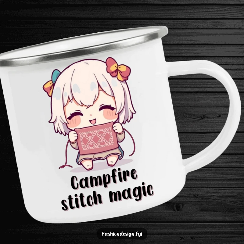 Funny camping mug showing a character with a delighted expression, admiring a delicate stitch, ideal for outdoor crafting sessions.