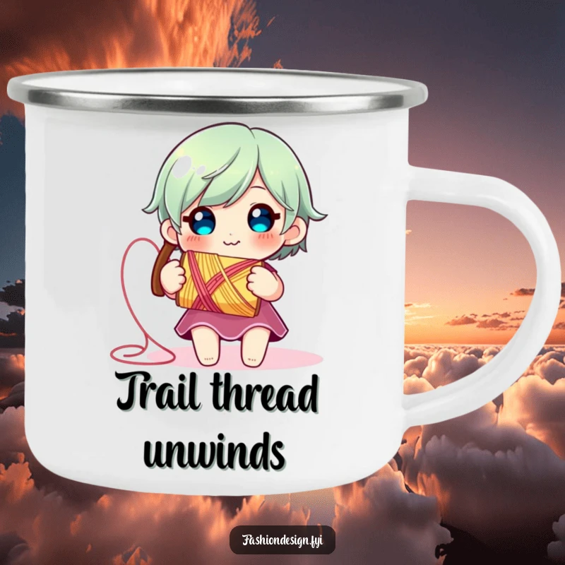 Funny Thread Spool Camping Mug: Cute character with unraveling thread, a humorous and durable mug for crafting adventures outdoors.