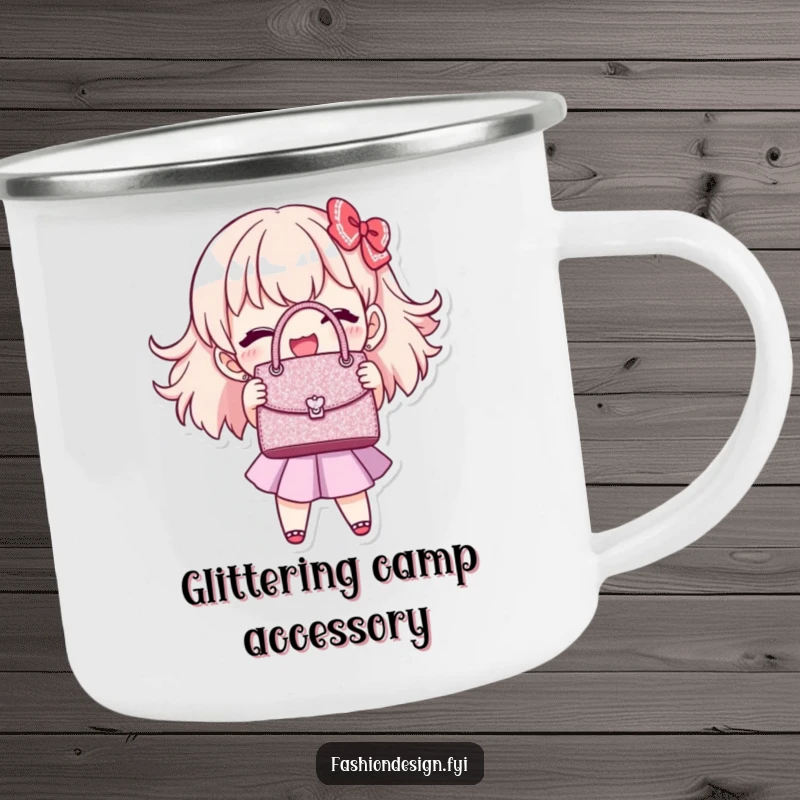 Funny handbag stitcher camping mug showing a joyful character showing off a perfectly stitched, miniature, glittering handbag, outdoor funny gift.