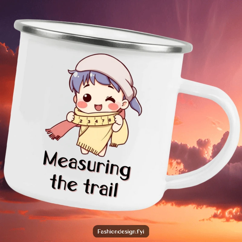 Funny camping mug featuring a character measuring an excessively long scarf, ideal for crafters on the go.