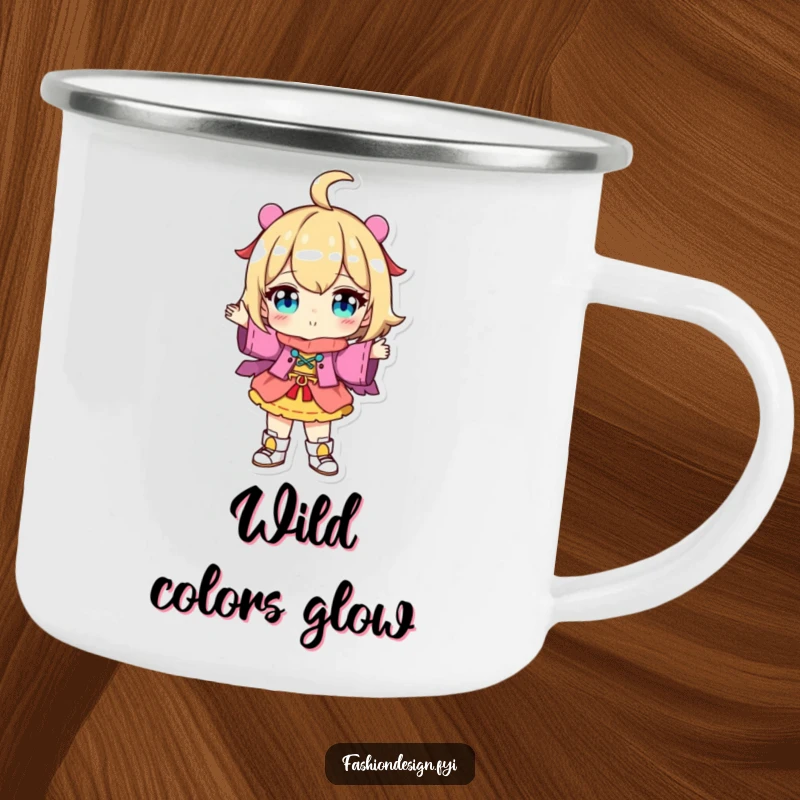 Funny Camping Mug: Character proudly displaying a colorful, uniquely designed outfit, perfect for outdoor style and humor.