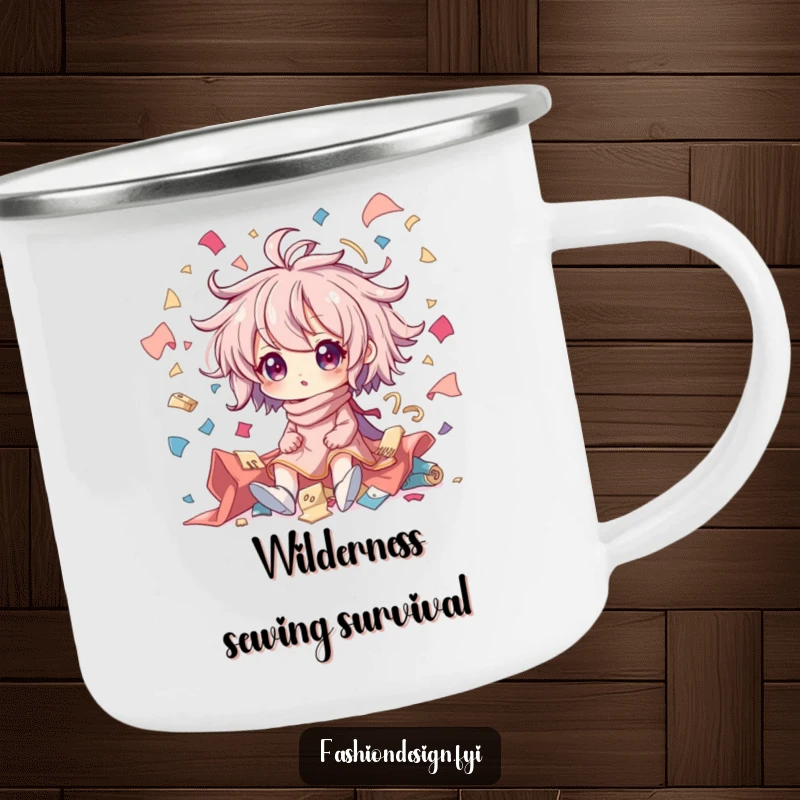 Funny camping mug with a character in creative chaos, surrounded by flying fabric scraps; brings humor to outdoor crafting sessions.