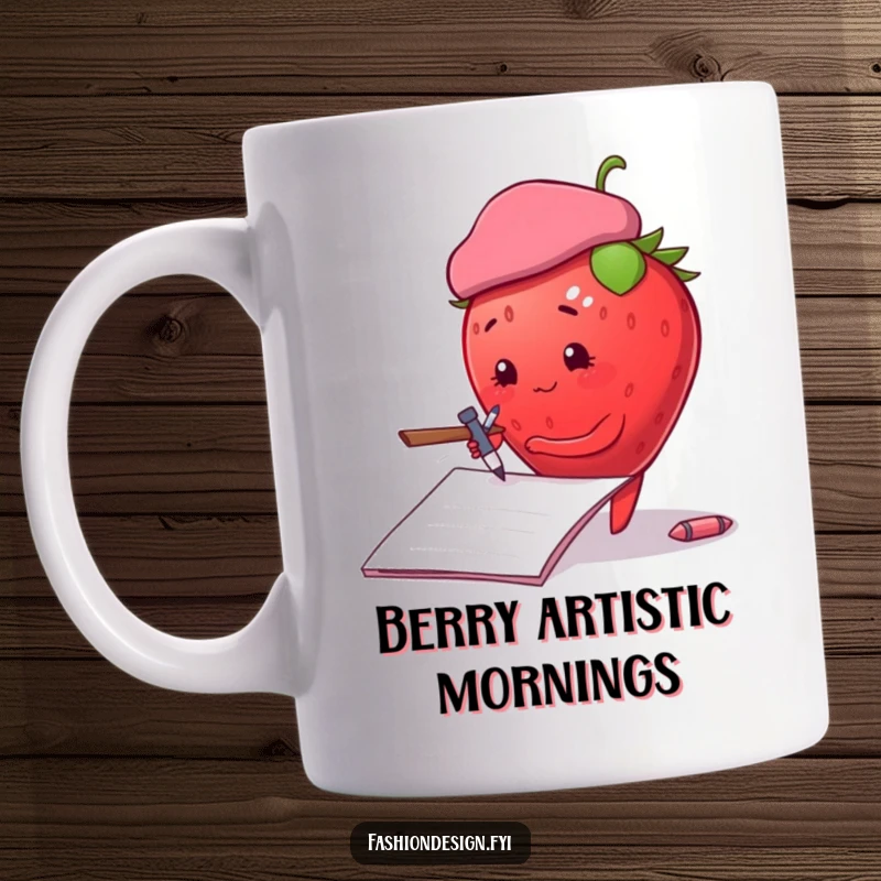 Funny plump strawberry wearing a beret, dramatically sketching on a notepad, mug, perfect funny gift for artists.