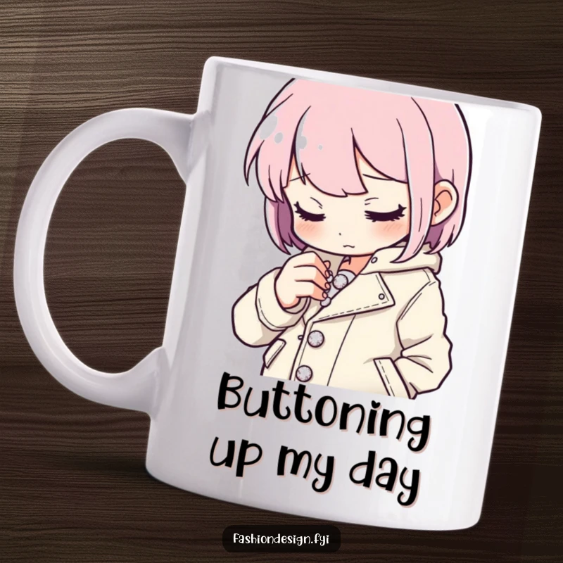 Funny button stitcher mug featuring a focused character intently sewing tiny sparkling buttons onto a stylish jacket, perfect gift.