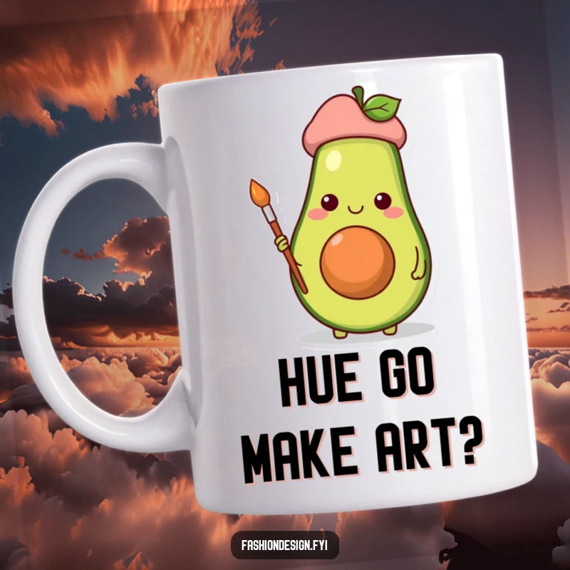 Funny mug featuring a cheerful avocado in a beret, holding a paintbrush, ready to create art.