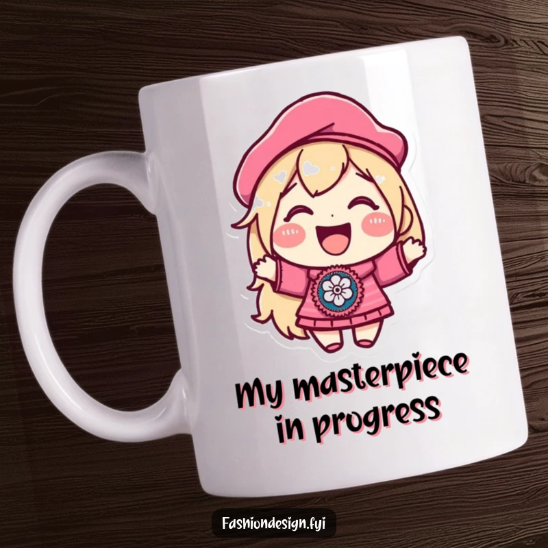 Funny mug with a joyful character in a beret, proudly showing off an embroidered patch, celebrating creativity and artistic expression.