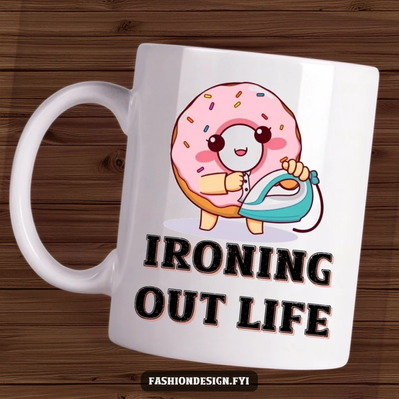 Funny mischievous donut with sprinkles, attempting to iron a shirt with a tiny iron, mug, perfect funny gift.
