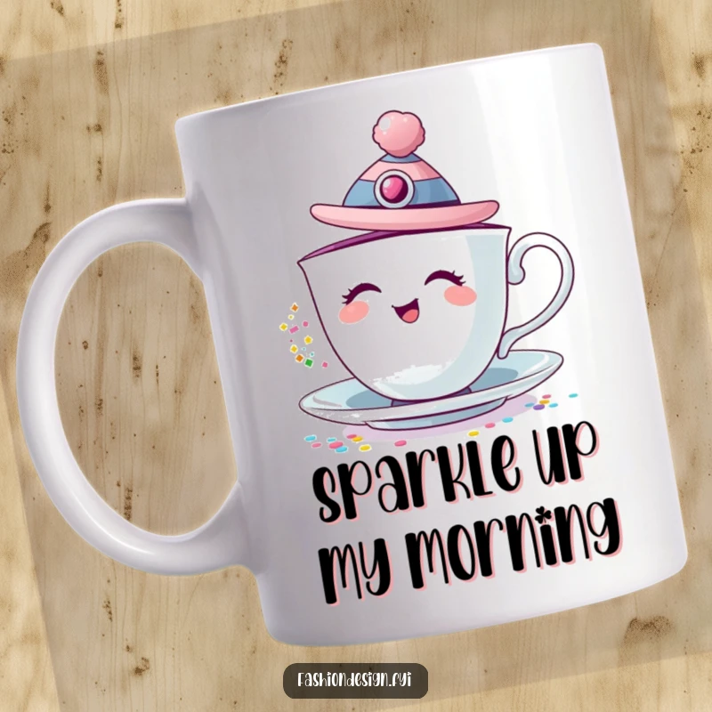 Funny mug featuring a giggling teacup adorned with a fashionable hat, pouring vibrant glitter.