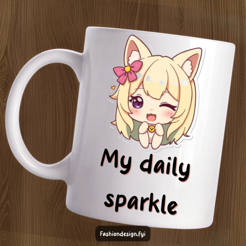 Funny mug with a character winking mischievously while adding a whimsical accessory, conveying playful style and humor.