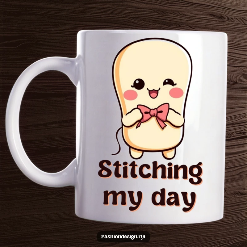 Funny cheerful baguette with arms, sewing a tiny bow with needle and thread, mug, perfect funny gift.