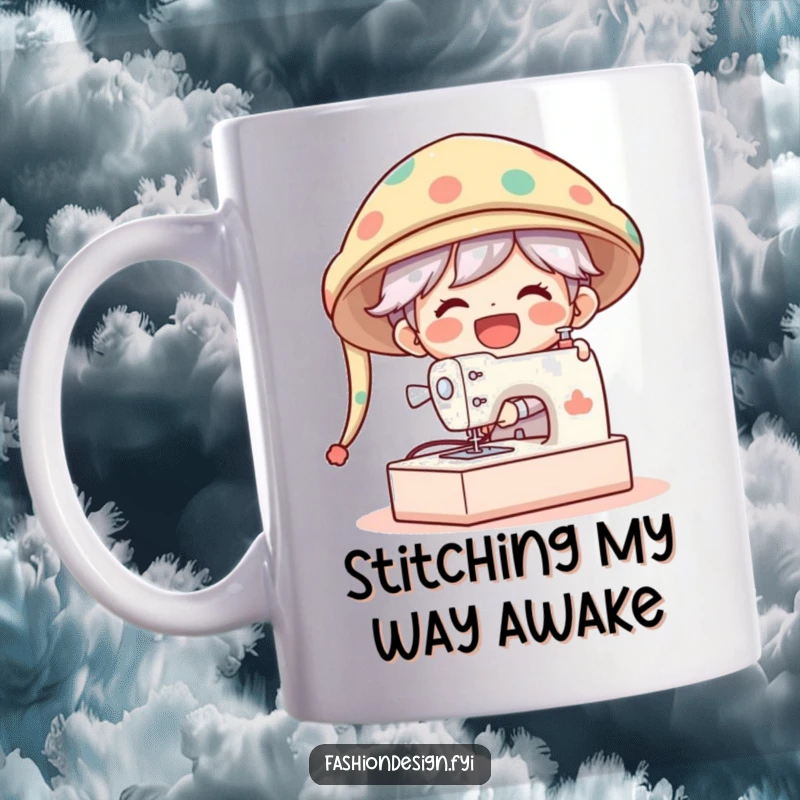 Funny Mug showing a gleeful character laughing while sewing a comically oversized hat on a giant machine.