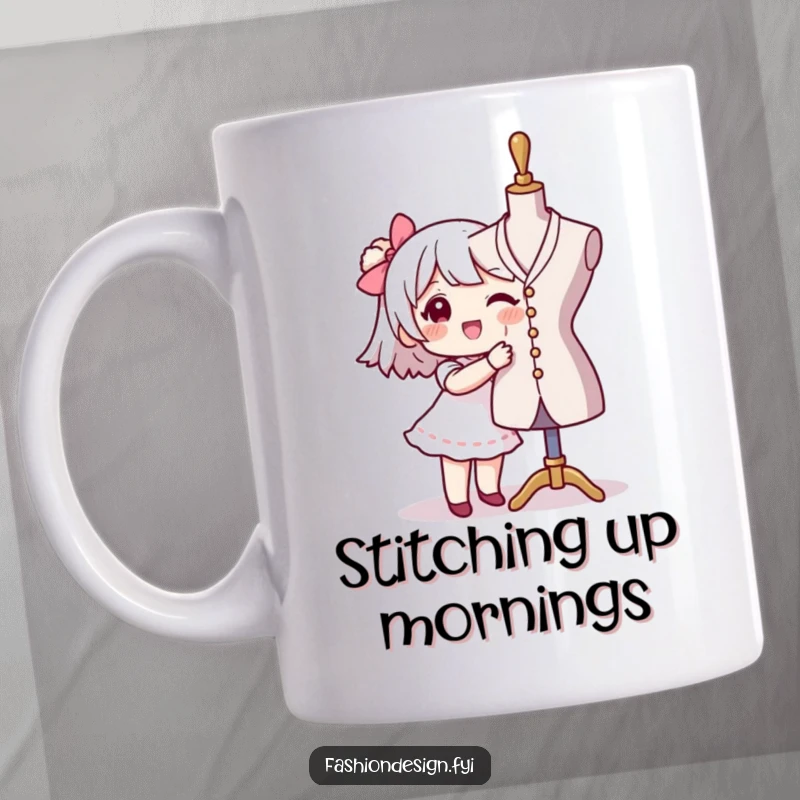 Funny seamstress mug showing a character happily pinning fabric onto a mannequin, a humorous gift for fashion lovers and tailors.