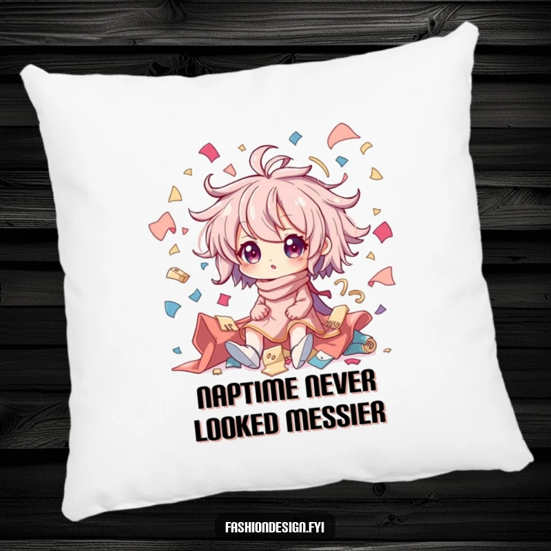 Funny pillow with a character in creative chaos, surrounded by flying fabric scraps; a comfortable and humorous accent for crafters.