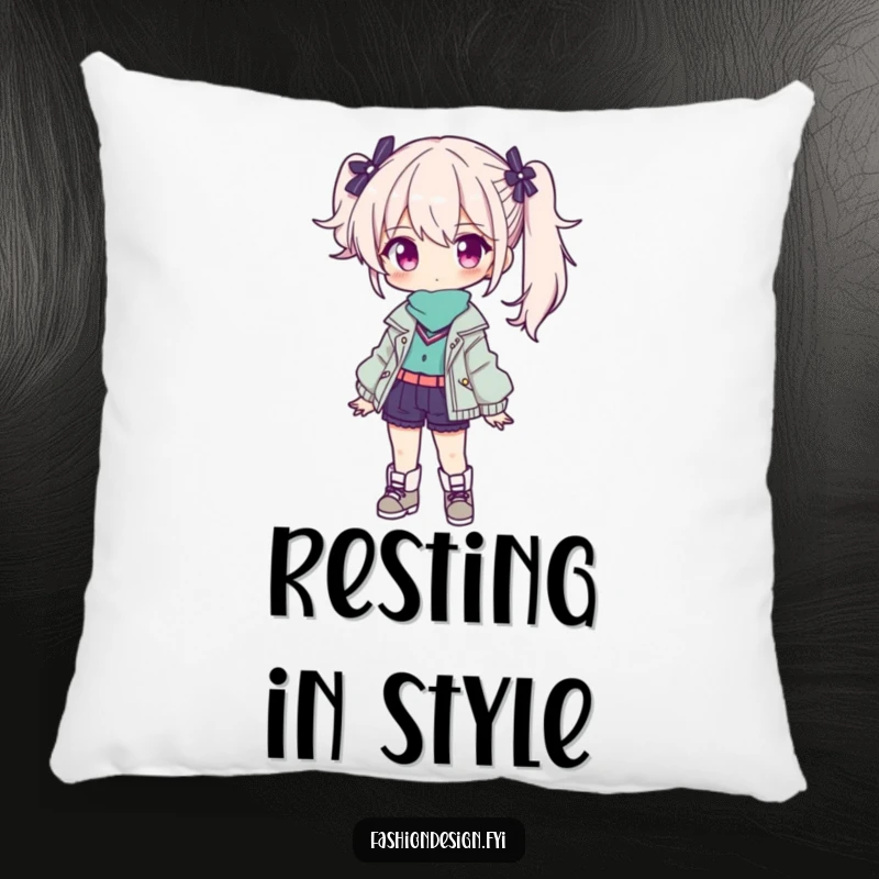 Funny pillow: a confident character presents a stylish outfit, offering cozy and chic comfort.