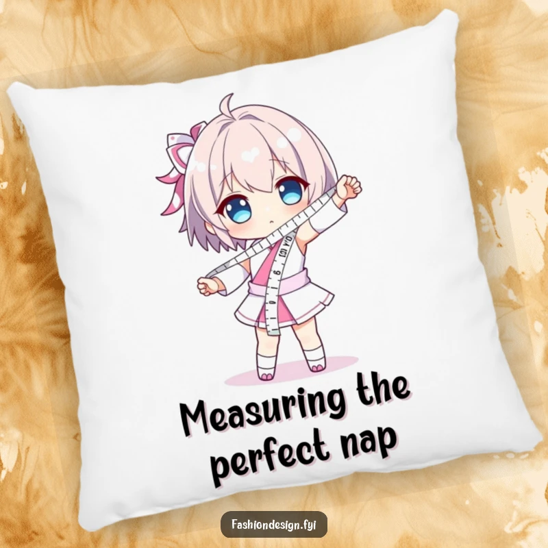 Funny pillow showcasing a character dramatically posing, wearing a measuring tape like a sash; adds a touch of humorous precision.