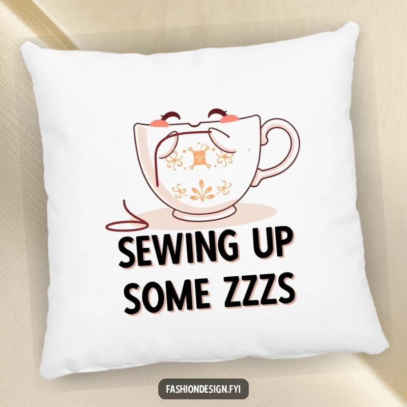 Funny teacup pillow, a happy character embroidering with needle and thread, soft and decorative, adding charm.