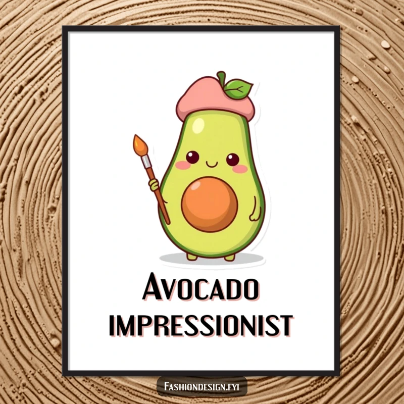 Funny digital art print of a cheerful avocado artist with a beret and paintbrush, ready to decorate.