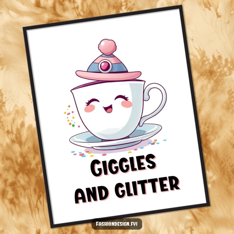 Funny digital art print of a giggling teacup wearing a fashion hat and pouring colorful glitter.