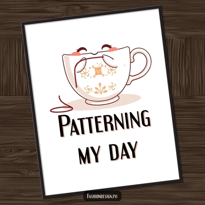 Funny teacup digital art print, a teacup character happily embroidering a detailed pattern, instant wall decor.