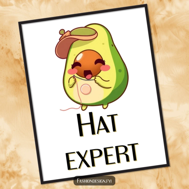 Funny surprised avocado with needle and thread, sewing a button onto a tiny hat, digital art, funny gift.