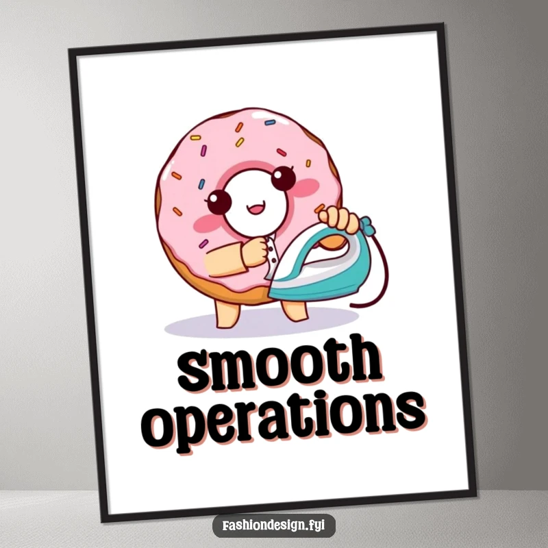 Funny mischievous donut with sprinkles, attempting to iron a shirt with a tiny iron, digital art, funny gift.
