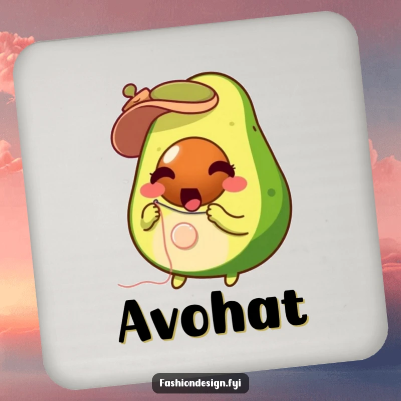 Funny surprised avocado with needle and thread, sewing a button, drink coasters, perfect funny gift.