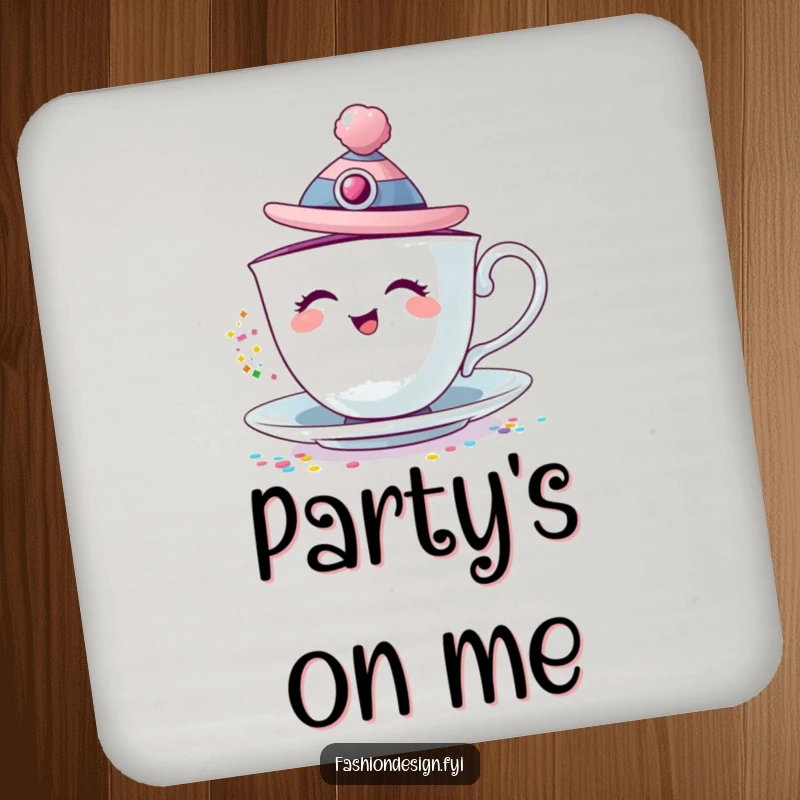 Funny coasters featuring a giggling teacup with a fashion hat, pouring a cascade of colorful glitter.