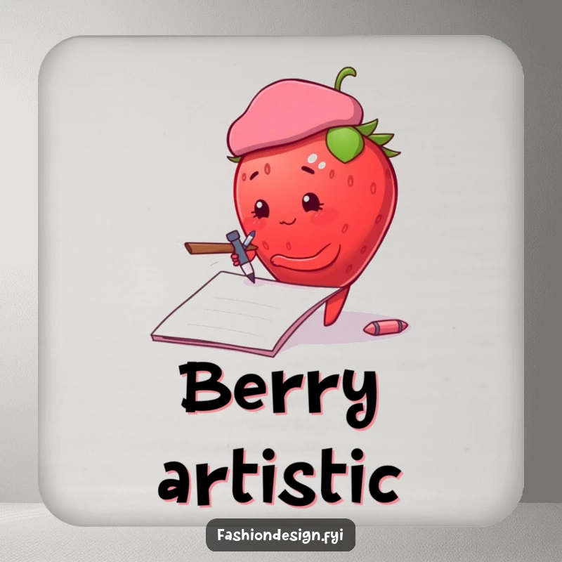 Funny plump strawberry with a beret, sketching on a notepad, drink coasters, perfect funny gift.