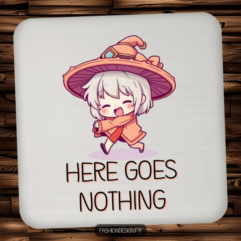 Funny drink coaster with a character hilariously tripping, their large hat askew; adds a comical touch to any drink setup.