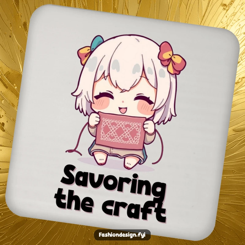 Funny drink coaster featuring a character with a delighted expression, admiring a delicate and intricate stitch, adding crafty humor.