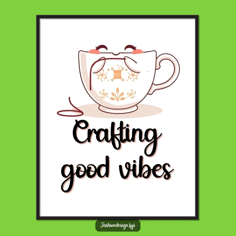 Funny Teacup Embroidering Poster: Whimsical Wall Art Decor for Your Creative Space