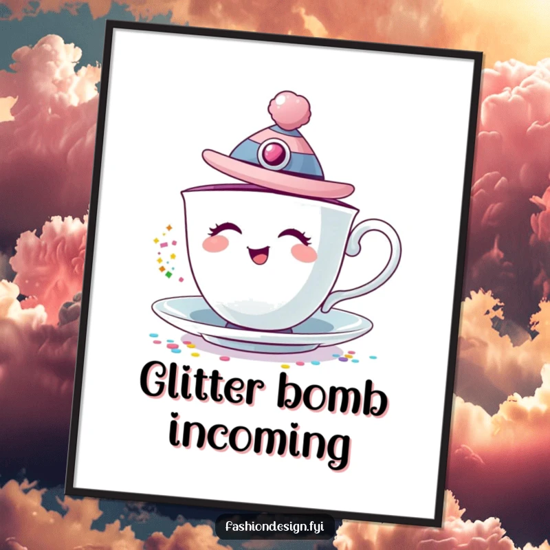 Funny poster of a giggling teacup in a fashionable hat, pouring a delightful stream of colorful glitter.