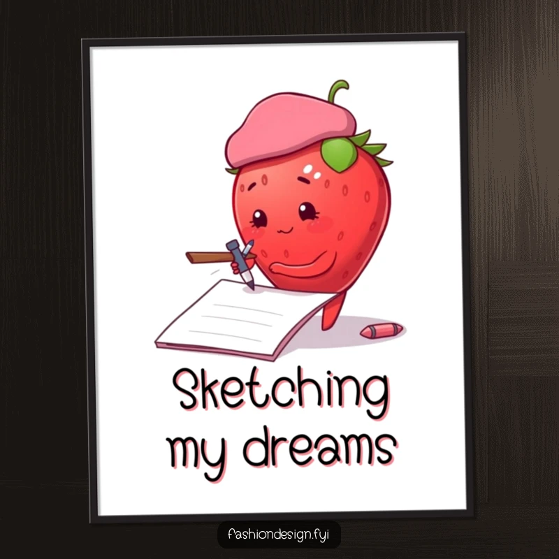 Funny plump strawberry wearing a beret, dramatically sketching on a large notepad, art print, funny gift.