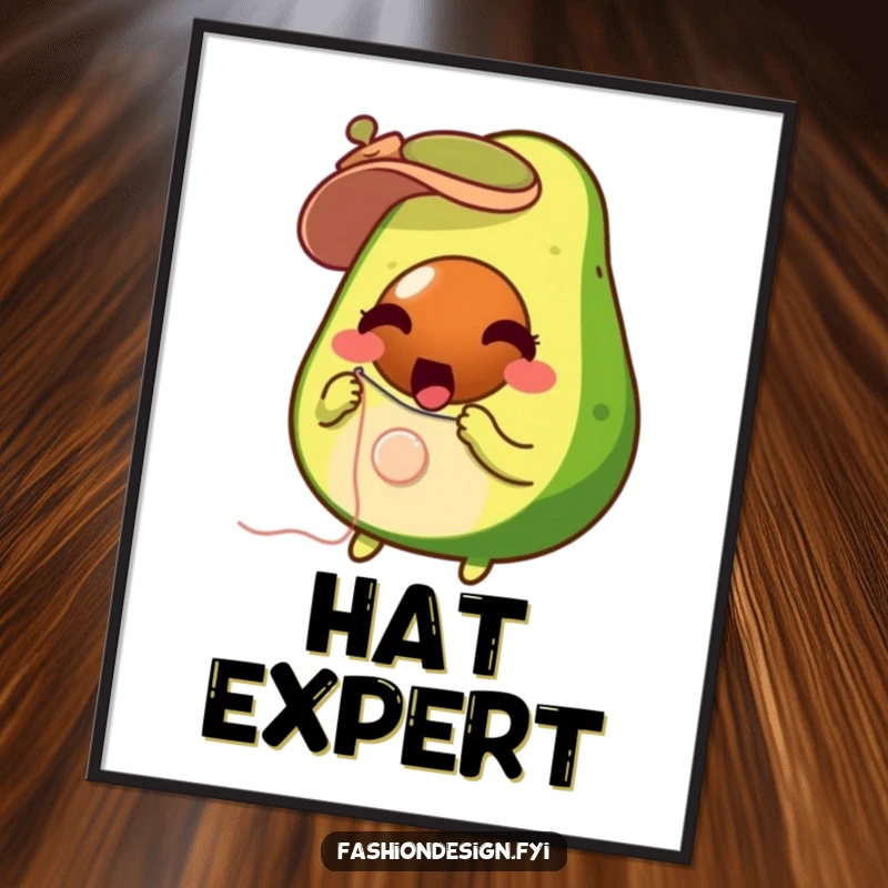 Funny surprised avocado with needle and thread, sewing a button onto a tiny hat, art print, funny gift.