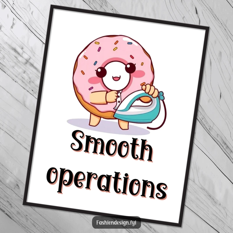 Funny mischievous donut with sprinkles, attempting to iron a shirt with a tiny iron, art print, funny gift.