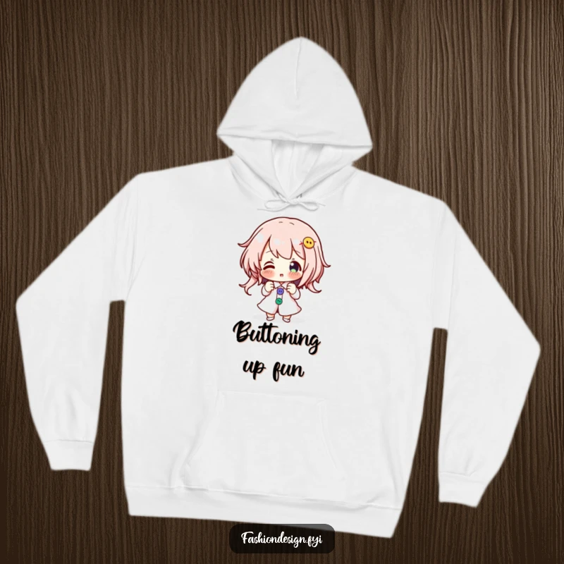 Funny hoodie with an enthusiastic character pinning colorful buttons onto a design, perfect for craft time.