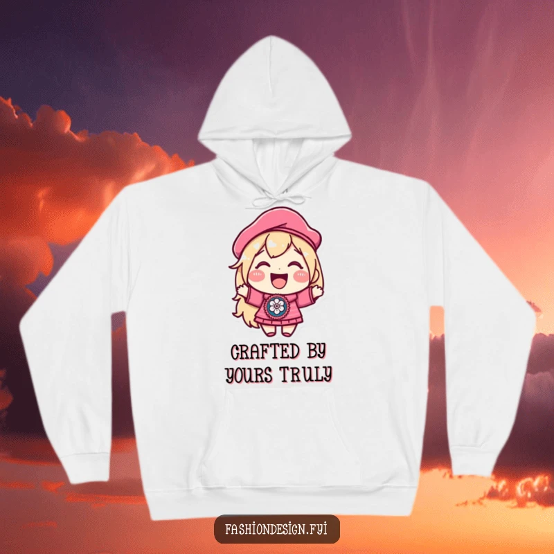 Funny hoodie with a joyful character in a beret, proudly displaying an embroidered patch, offering comfort and artistic flair for cooler days.
