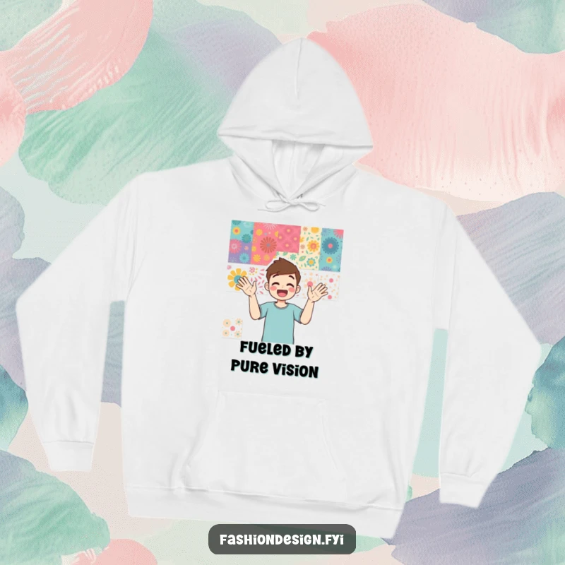Funny hoodie depicting an excited individual gesturing towards a mood board bursting with colorful, intricate patterns and creative ideas.