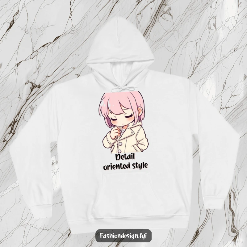 Funny button stitcher hoodie featuring a character meticulously sewing tiny sparkling buttons onto a stylish jacket, cozy funny gift.